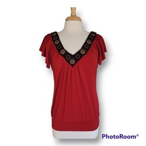 Wrapper Beaded Embellished V-Neck Short Sleeve Blouse. Size Med